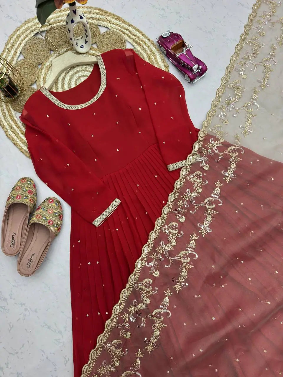Embroidered Faux Georgette Gown Set with Organza Dupatta for Wedding and Festive Wear