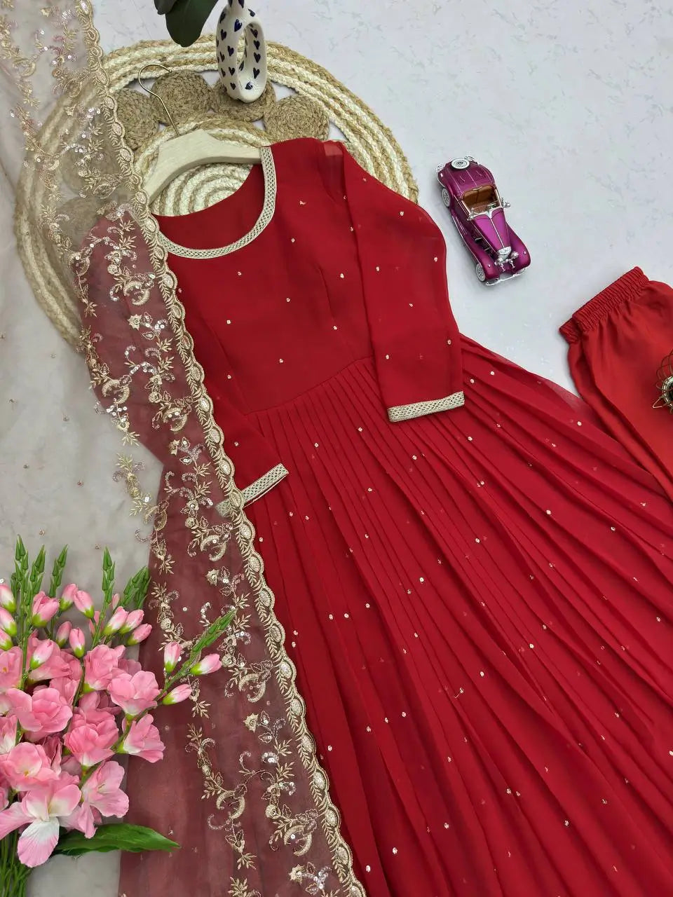 Embroidered Faux Georgette Gown Set with Organza Dupatta for Wedding and Festive Wear