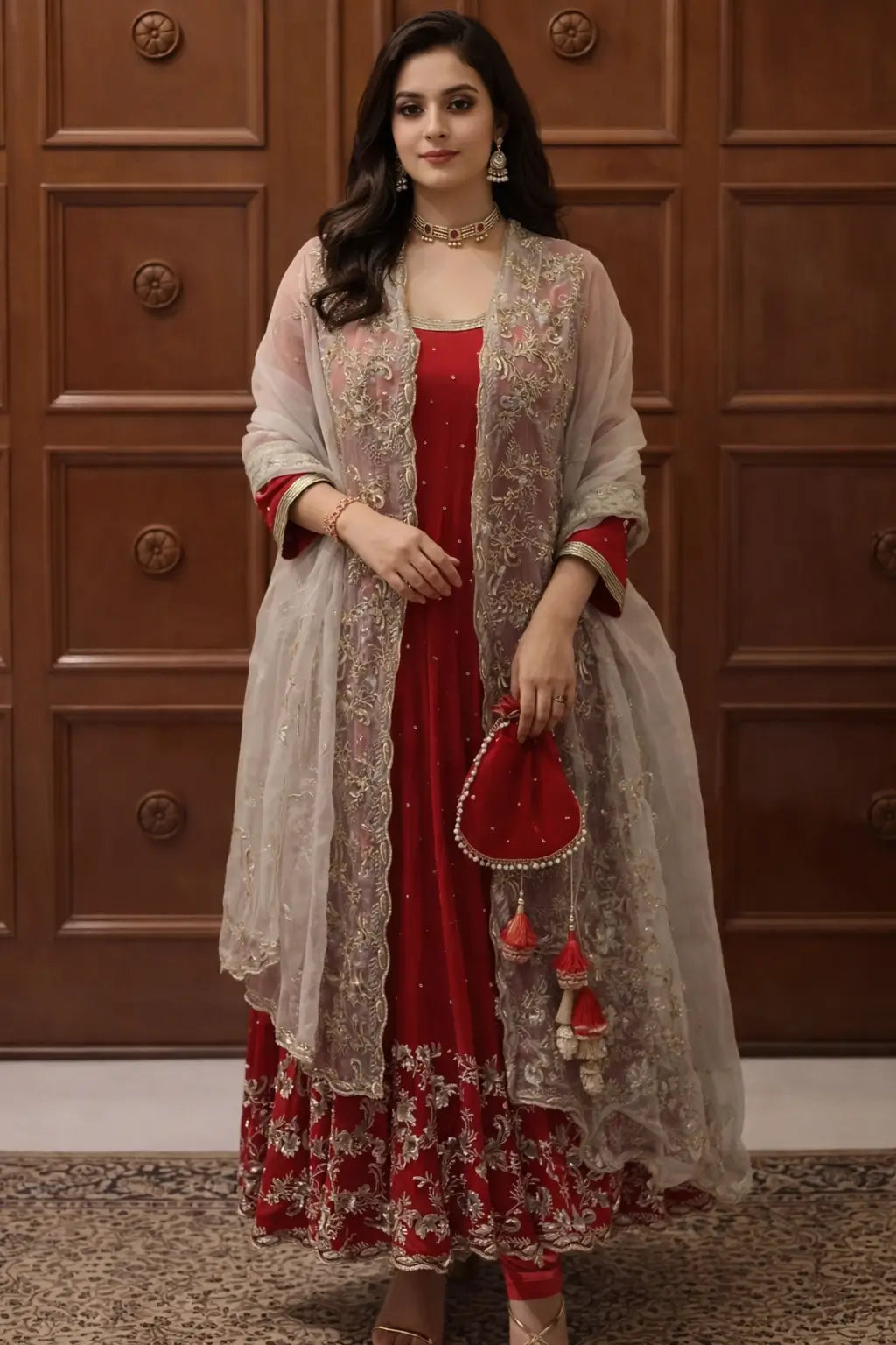 Embroidered Faux Georgette Gown Set with Organza Dupatta for Wedding and Festive Wear
