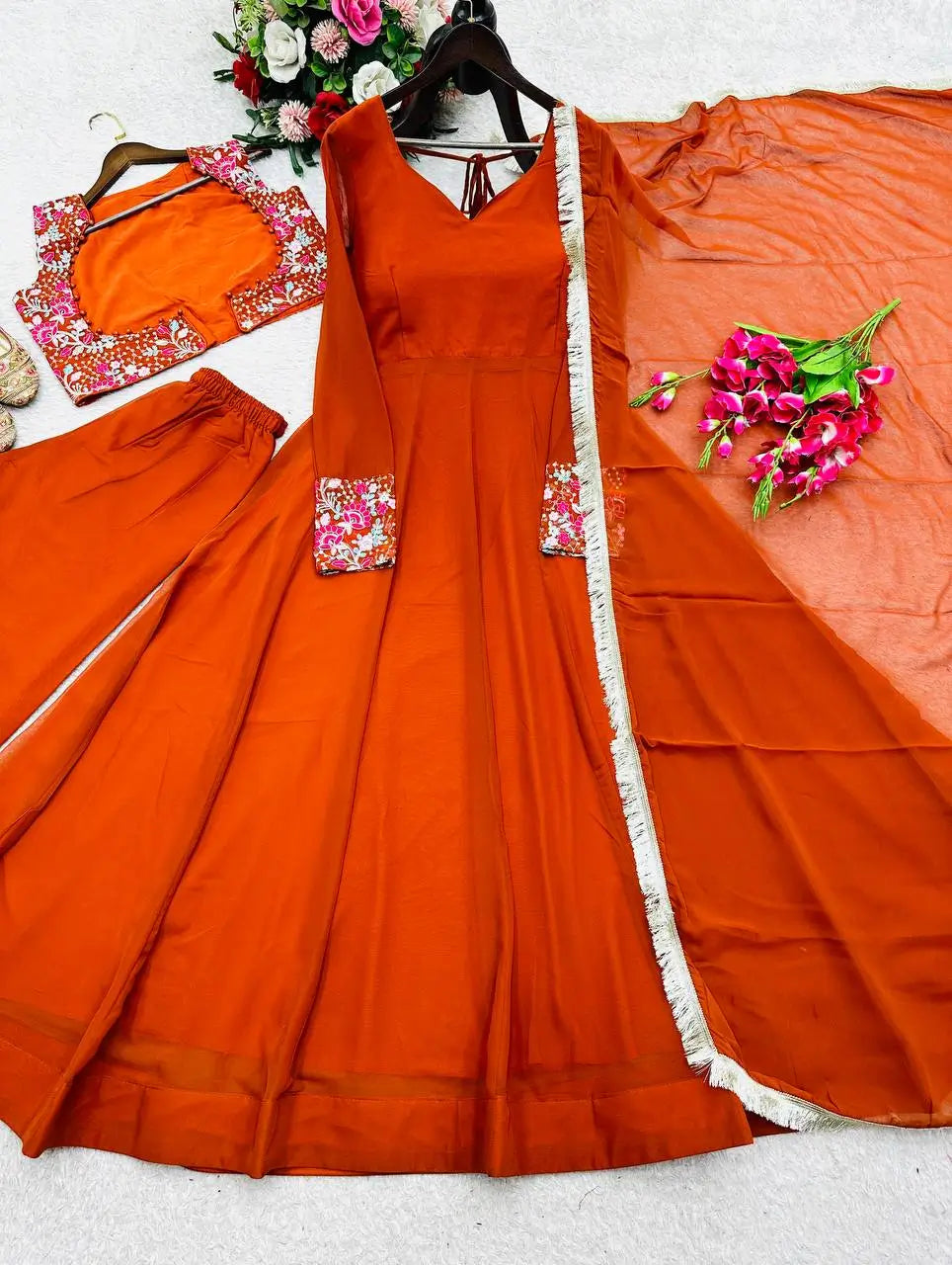 Embroidered Faux Georgette Gown Set with Pant, Dupatta and Jacket