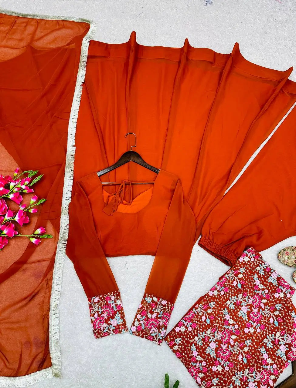 Embroidered Faux Georgette Gown Set with Pant, Dupatta and Jacket