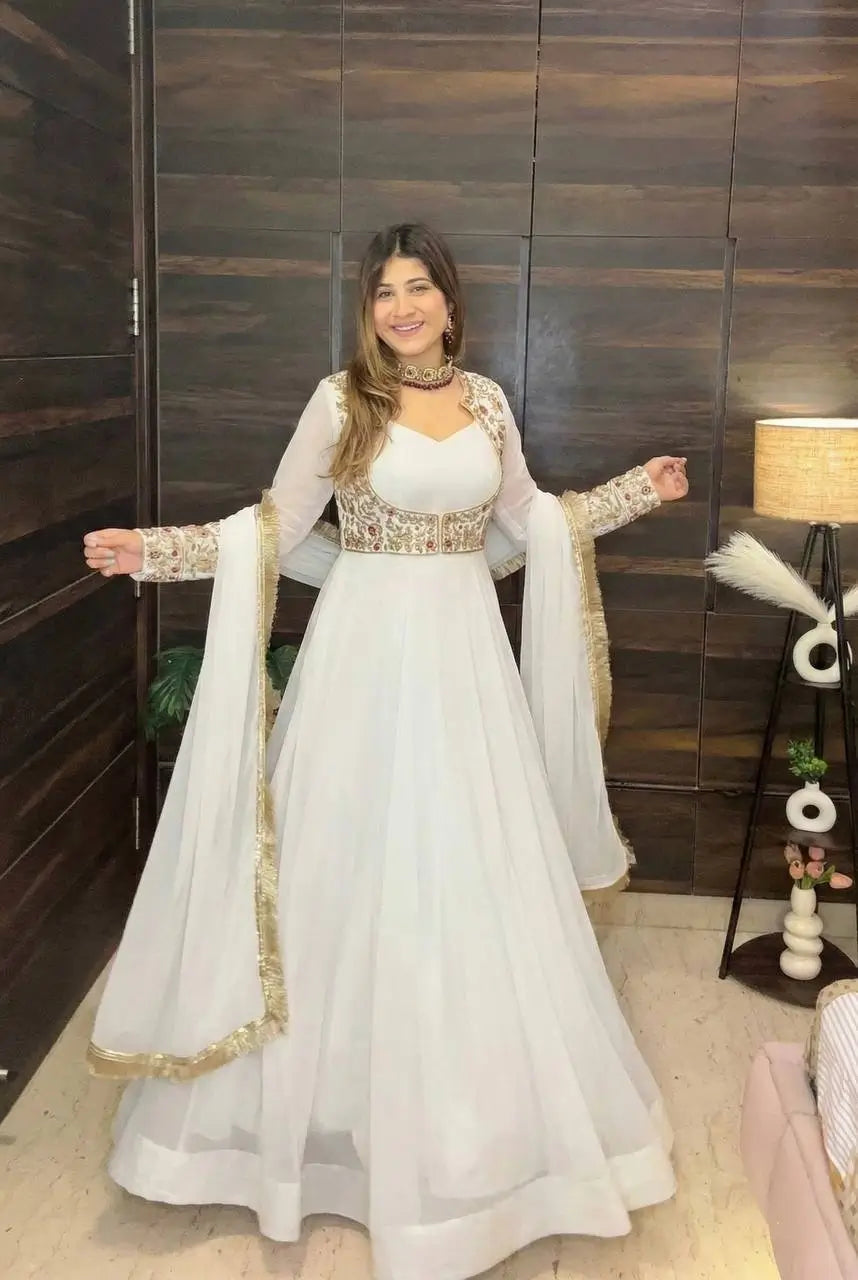 Embroidered Faux Georgette Gown Set with Pant, Dupatta and Jacket