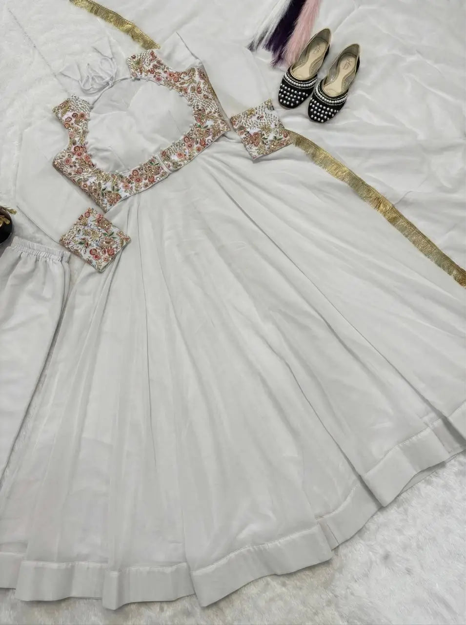 Embroidered Faux Georgette Gown Set with Pant, Dupatta and Jacket