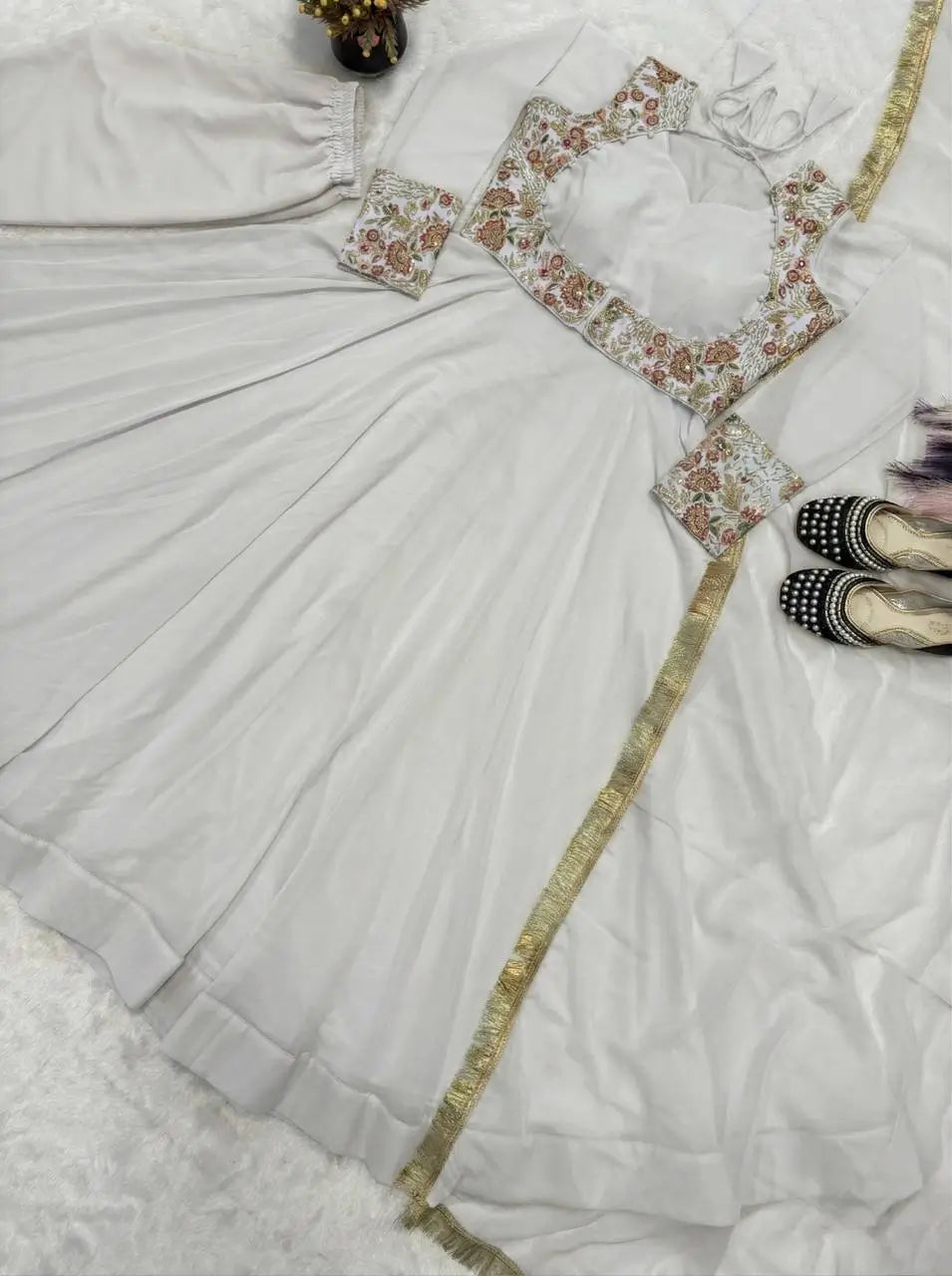 Embroidered Faux Georgette Gown Set with Pant, Dupatta and Jacket