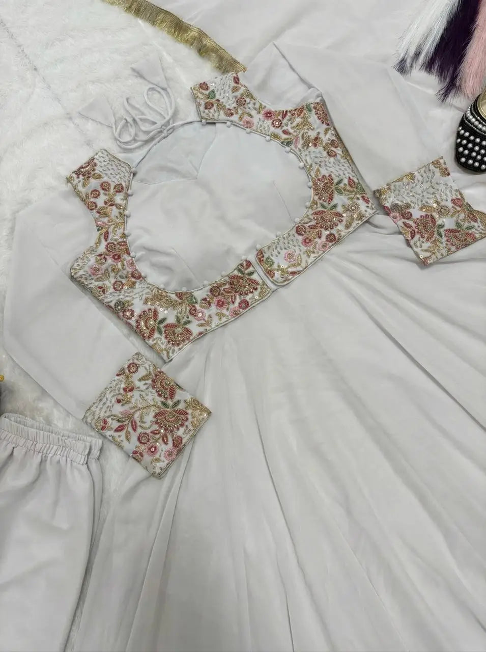 Embroidered Faux Georgette Gown Set with Pant, Dupatta and Jacket