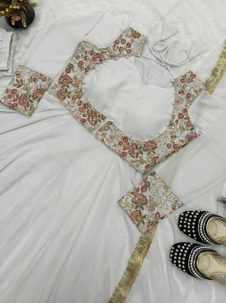 Embroidered Faux Georgette Gown Set with Pant, Dupatta and Jacket