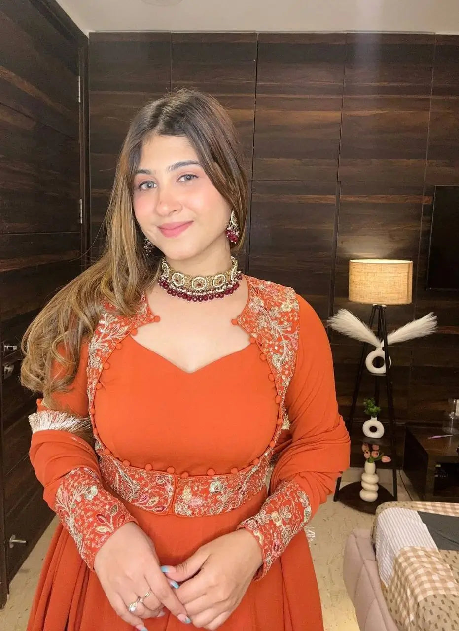 Embroidered Faux Georgette Gown Set with Pant, Dupatta and Jacket