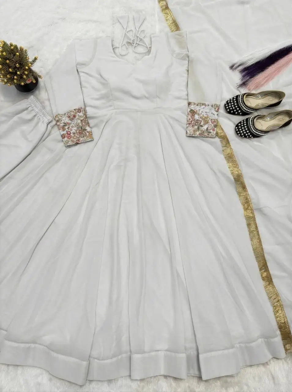 Embroidered Faux Georgette Gown Set with Pant, Dupatta and Jacket