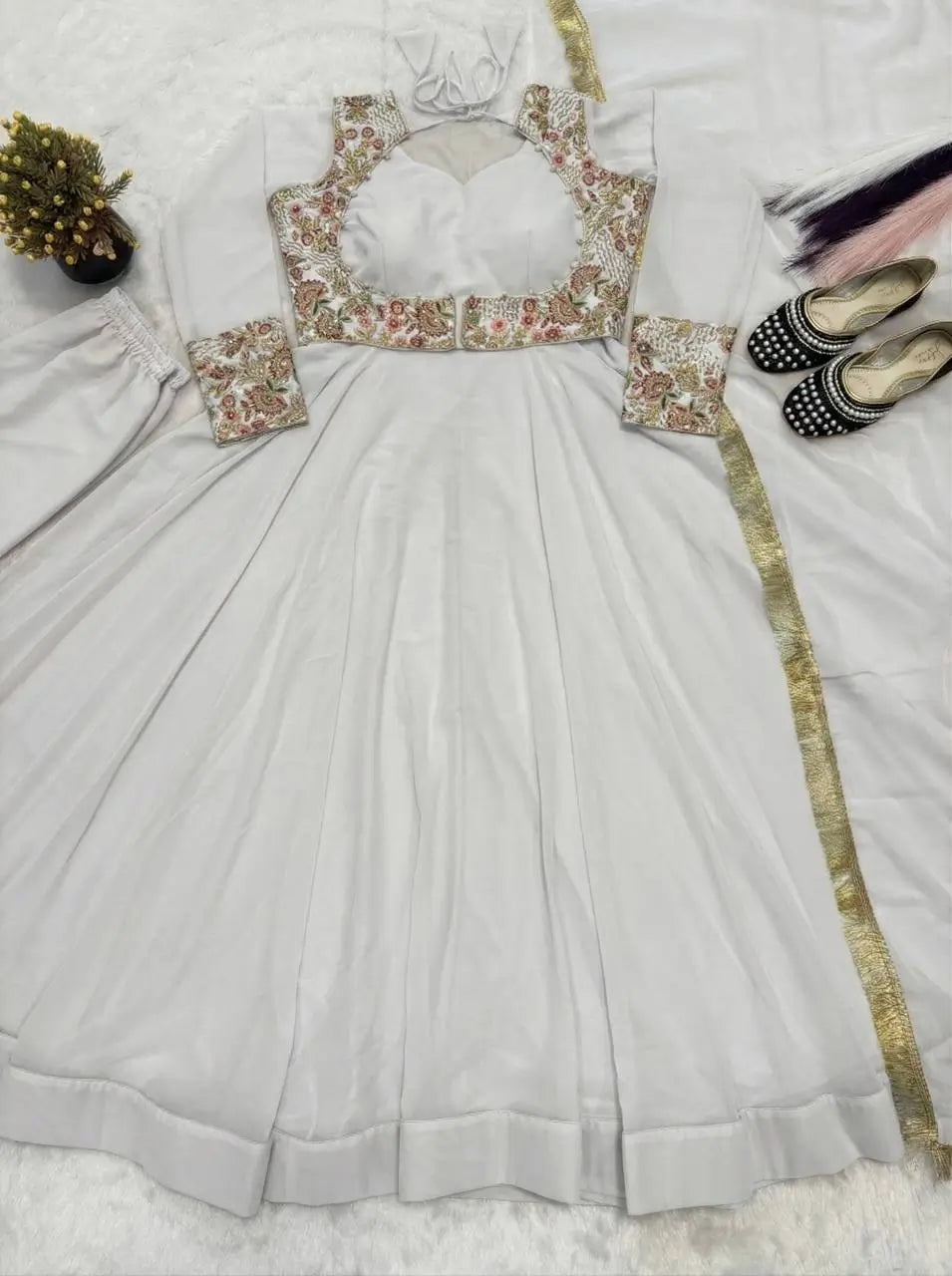 Embroidered Faux Georgette Gown Set with Pant, Dupatta and Jacket