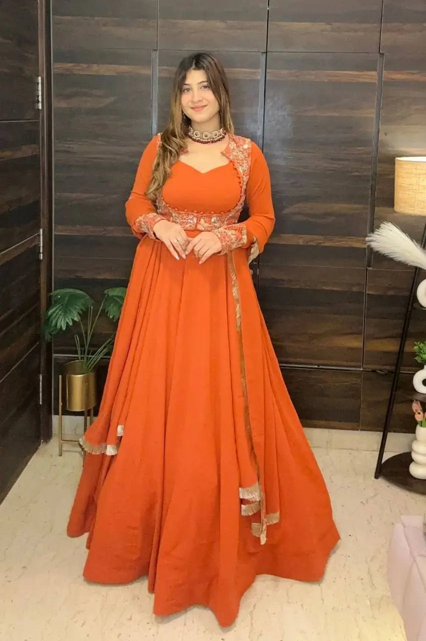 Embroidered Faux Georgette Gown Set with Pant, Dupatta and Jacket