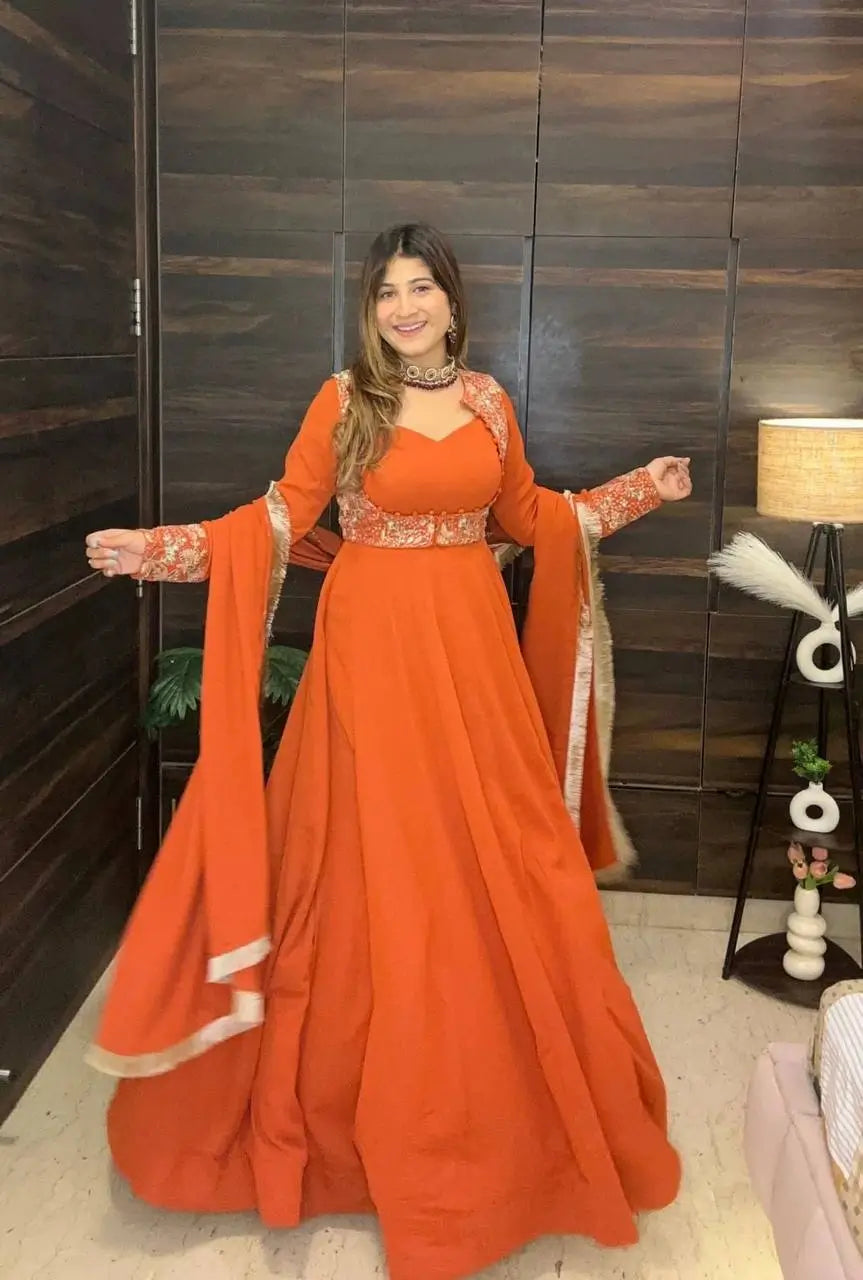Embroidered Faux Georgette Gown Set with Pant, Dupatta and Jacket