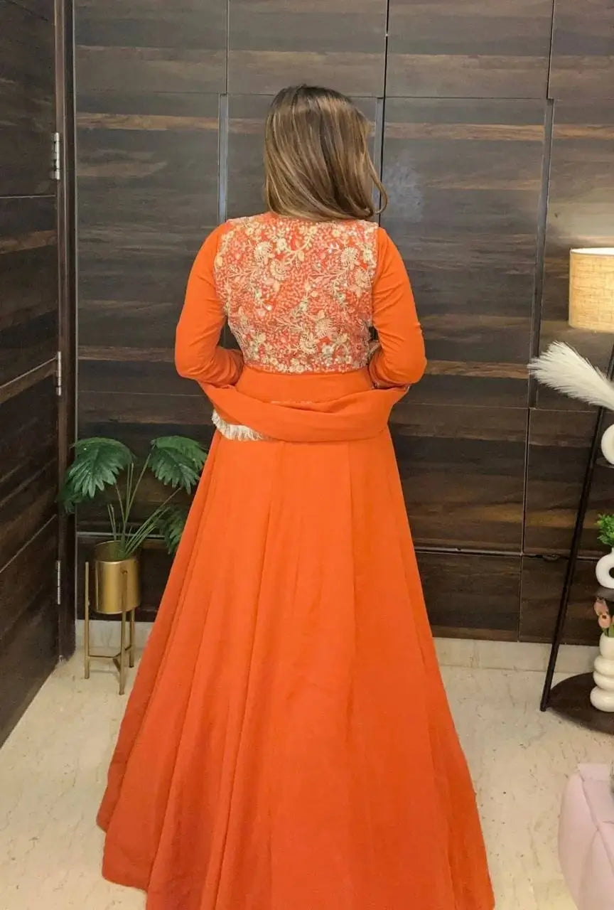 Embroidered Faux Georgette Gown Set with Pant, Dupatta and Jacket