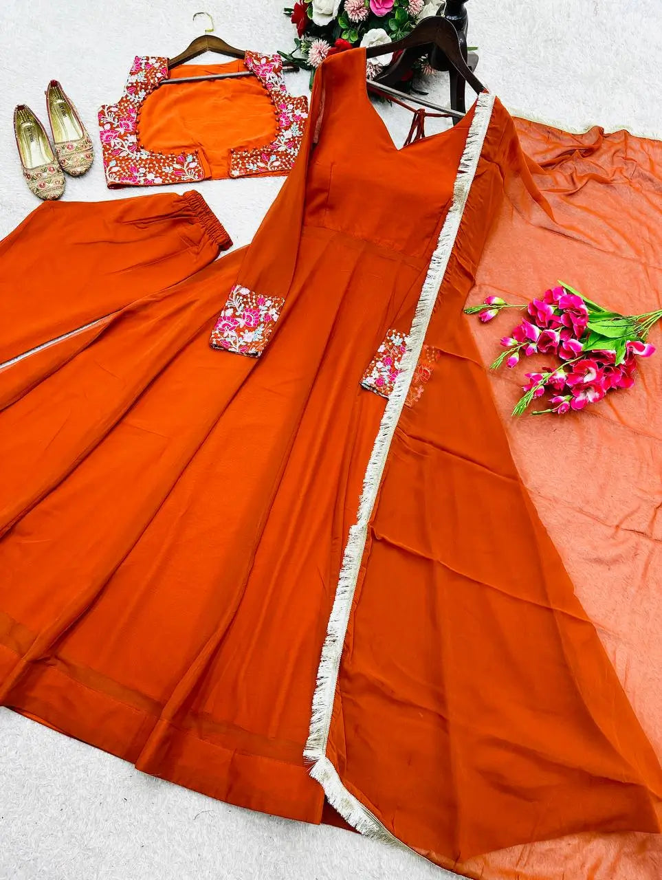 Embroidered Faux Georgette Gown Set with Pant, Dupatta and Jacket
