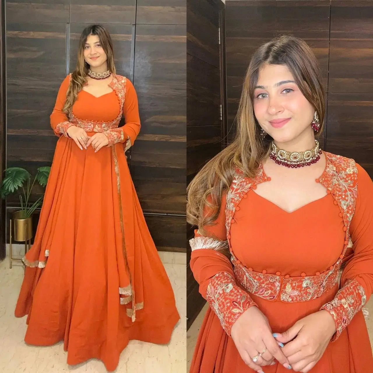 Embroidered Faux Georgette Gown Set with Pant, Dupatta and Jacket
