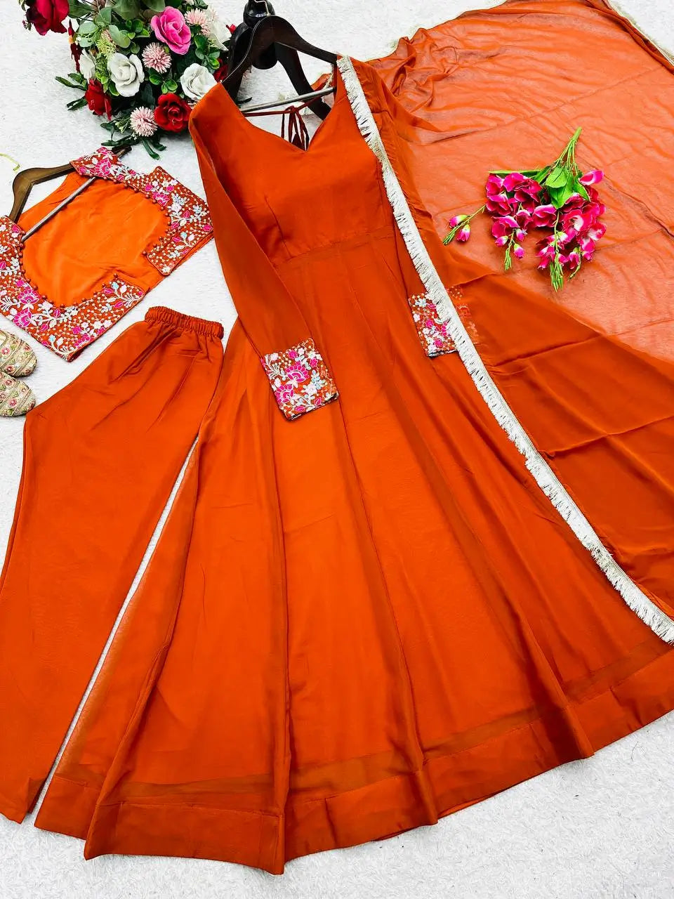 Embroidered Faux Georgette Gown Set with Pant, Dupatta and Jacket