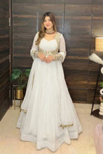 Embroidered Faux Georgette Gown Set with Pant, Dupatta and Jacket