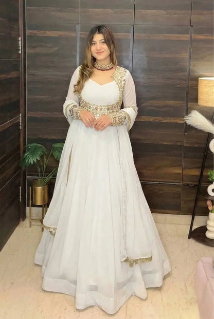 Embroidered Faux Georgette Gown Set with Pant, Dupatta and Jacket