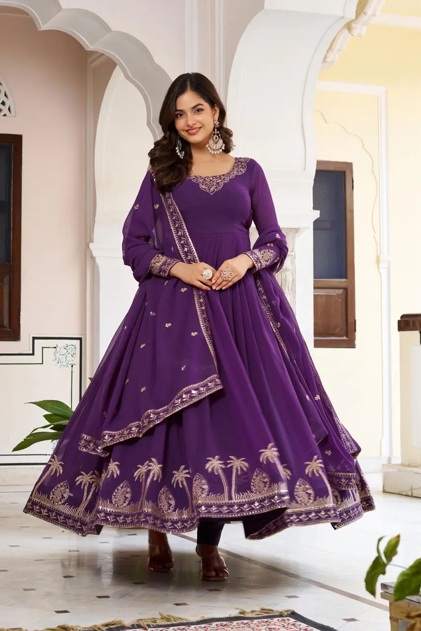 Embroidered Faux Georgette Gown Set