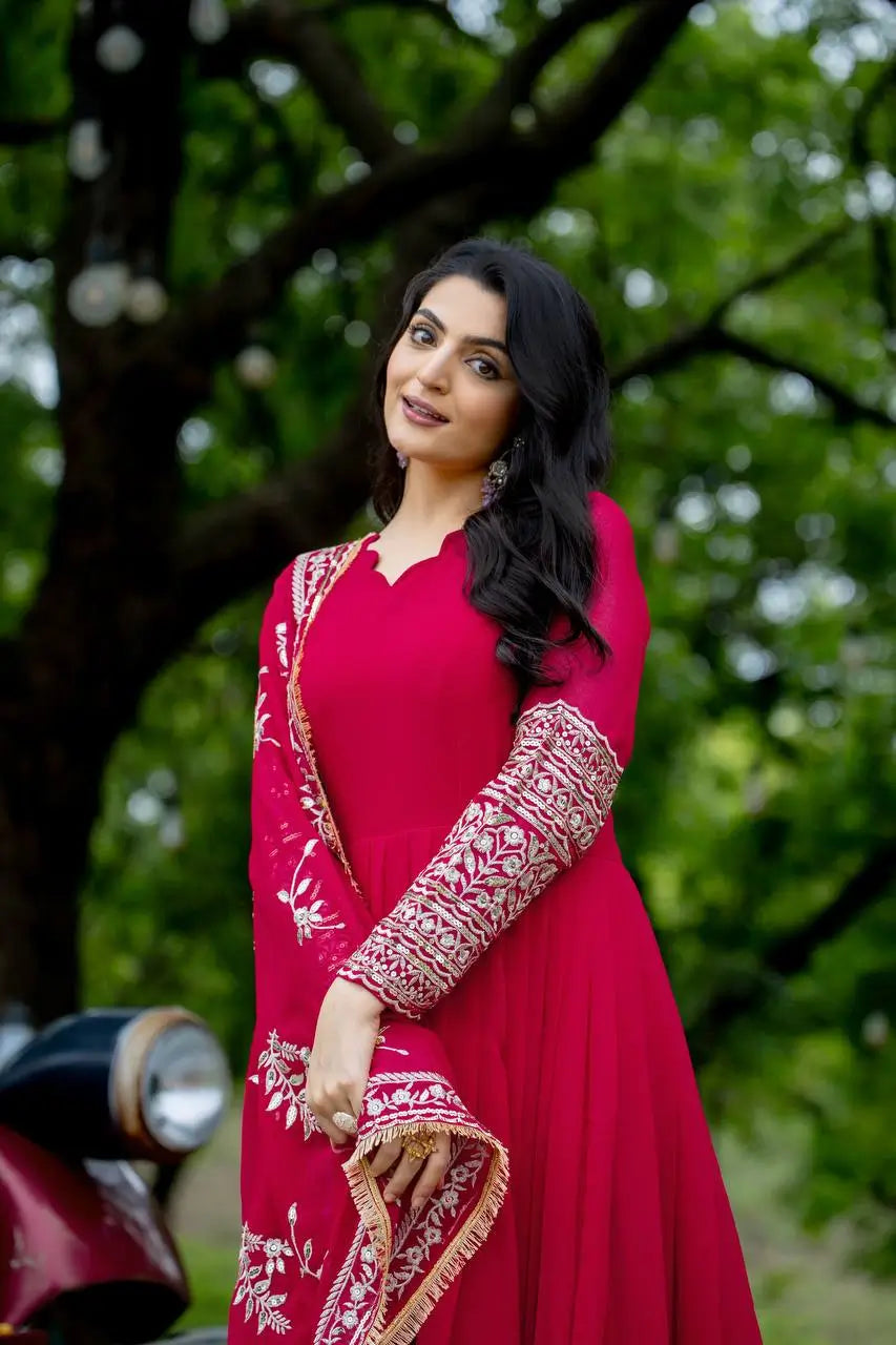 Embroidered Faux Georgette Gown with Dupatta