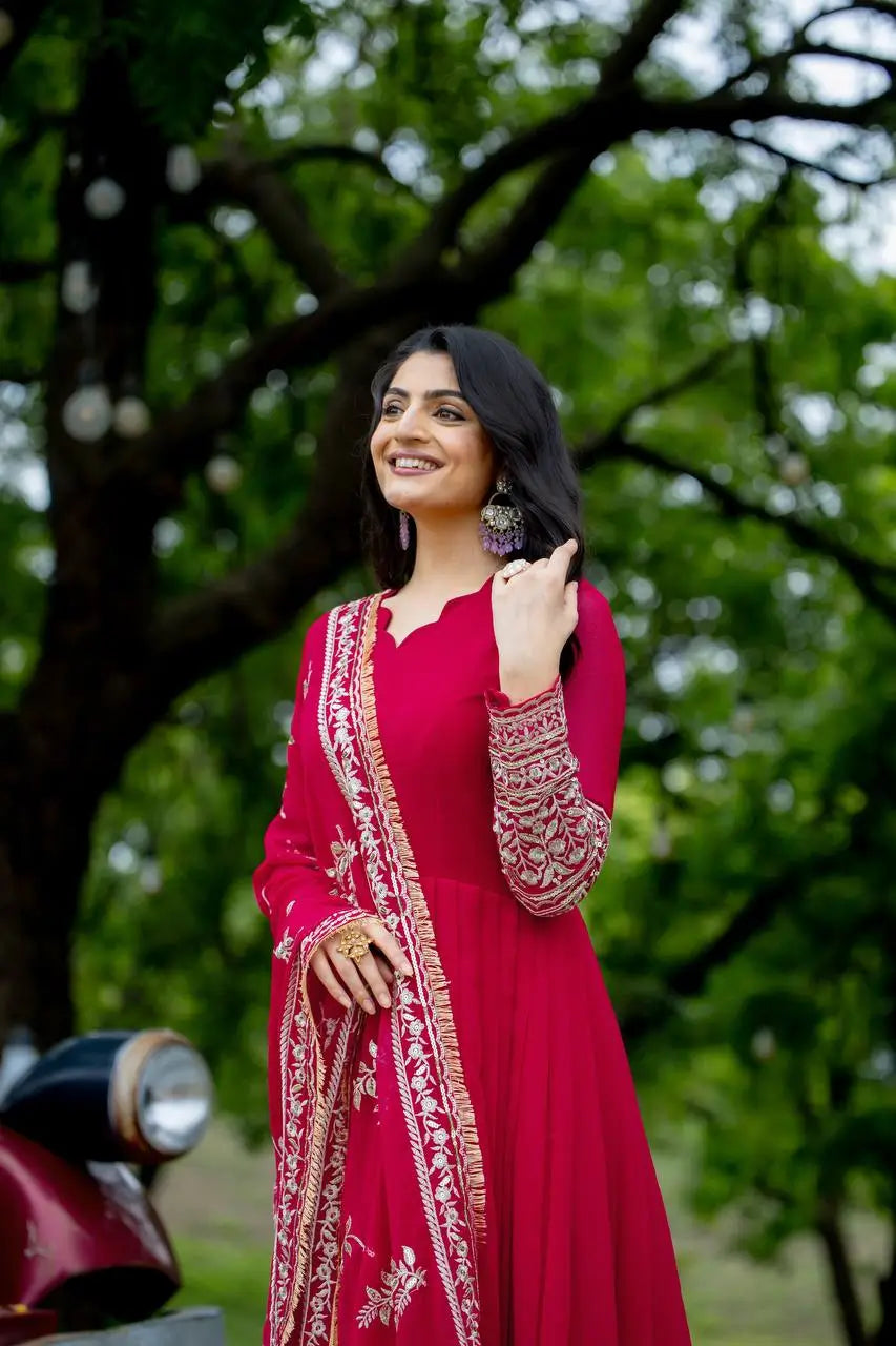 Embroidered Faux Georgette Gown with Dupatta