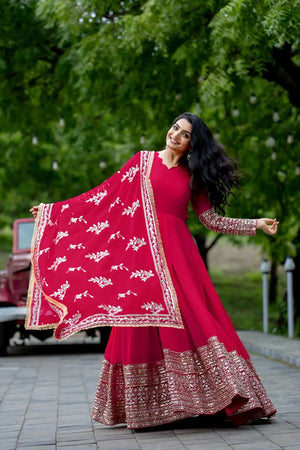 Embroidered Faux Georgette Gown with Dupatta