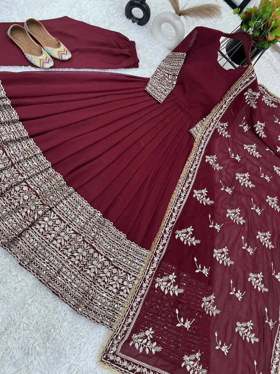 Embroidered Faux Georgette Gown with Dupatta