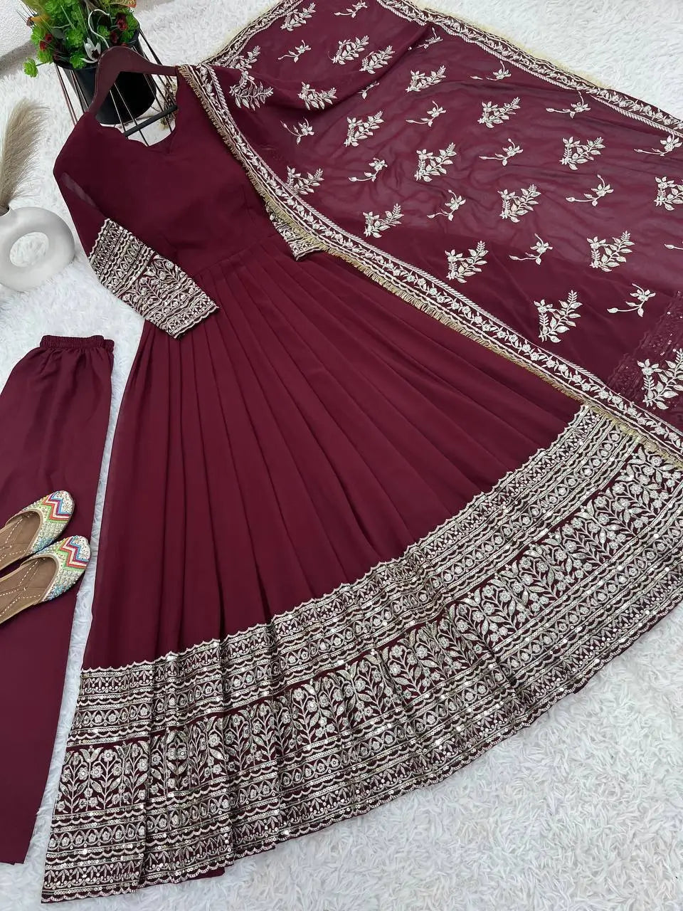 Embroidered Faux Georgette Gown with Dupatta