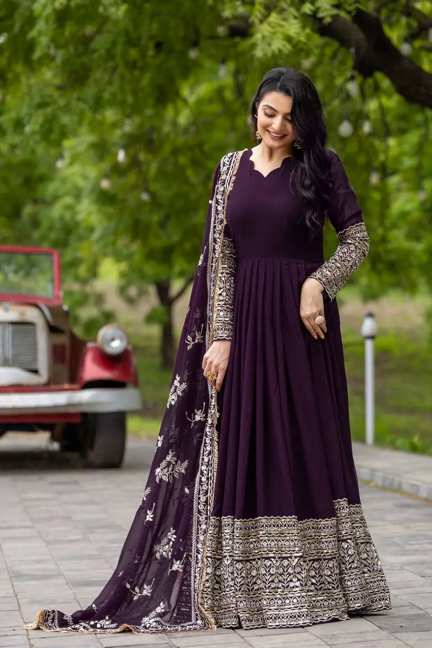 Embroidered Faux Georgette Gown with Dupatta