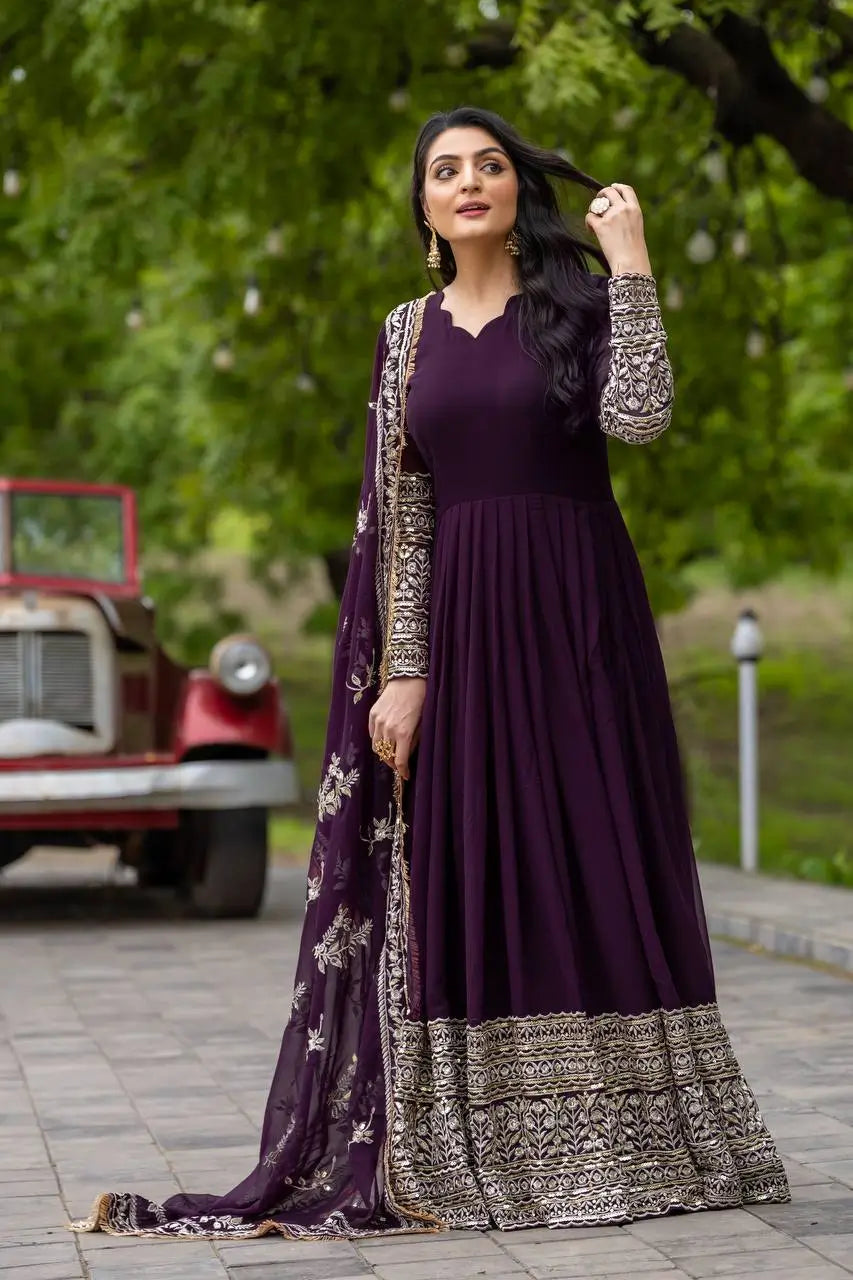 Embroidered Faux Georgette Gown with Dupatta