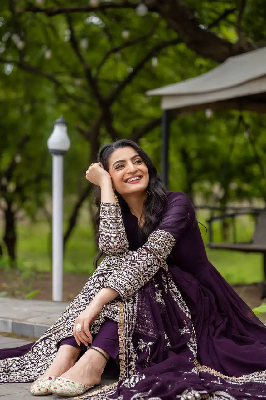 Embroidered Faux Georgette Gown with Dupatta