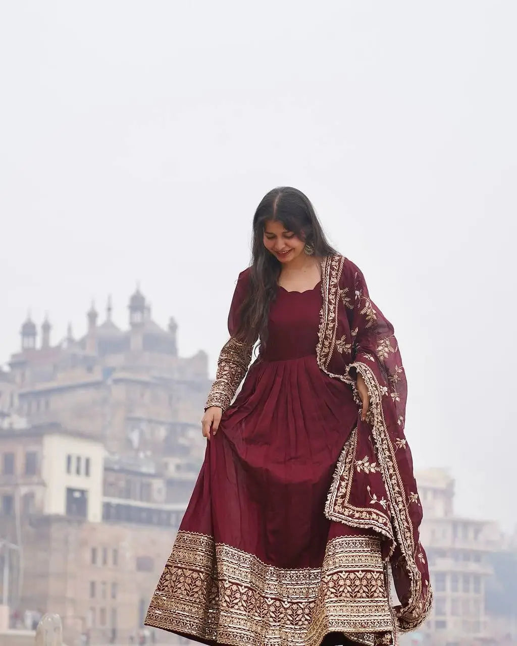 Embroidered Faux Georgette Gown with Dupatta