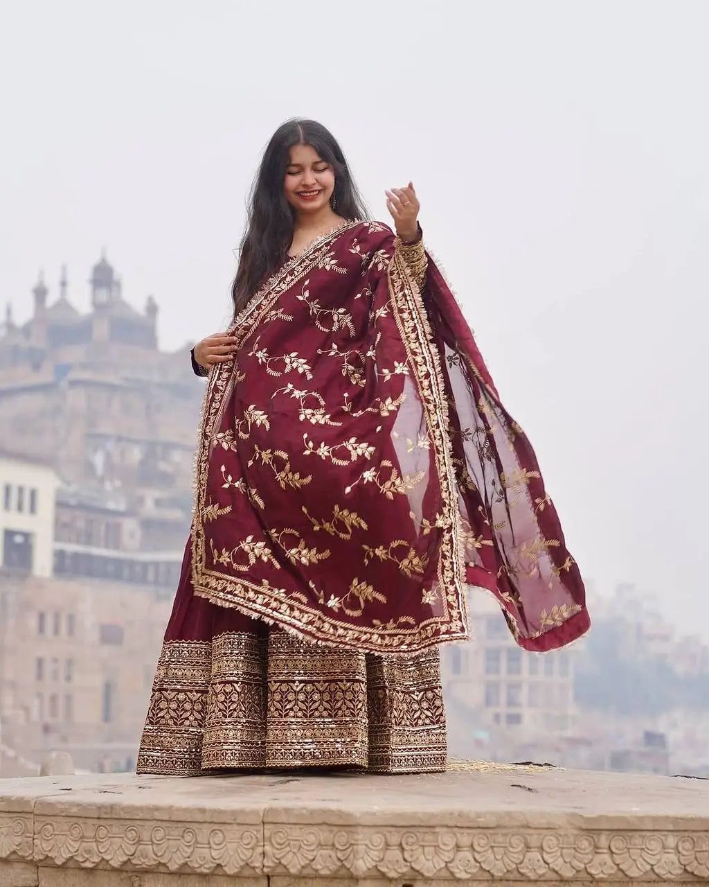 Embroidered Faux Georgette Gown with Dupatta