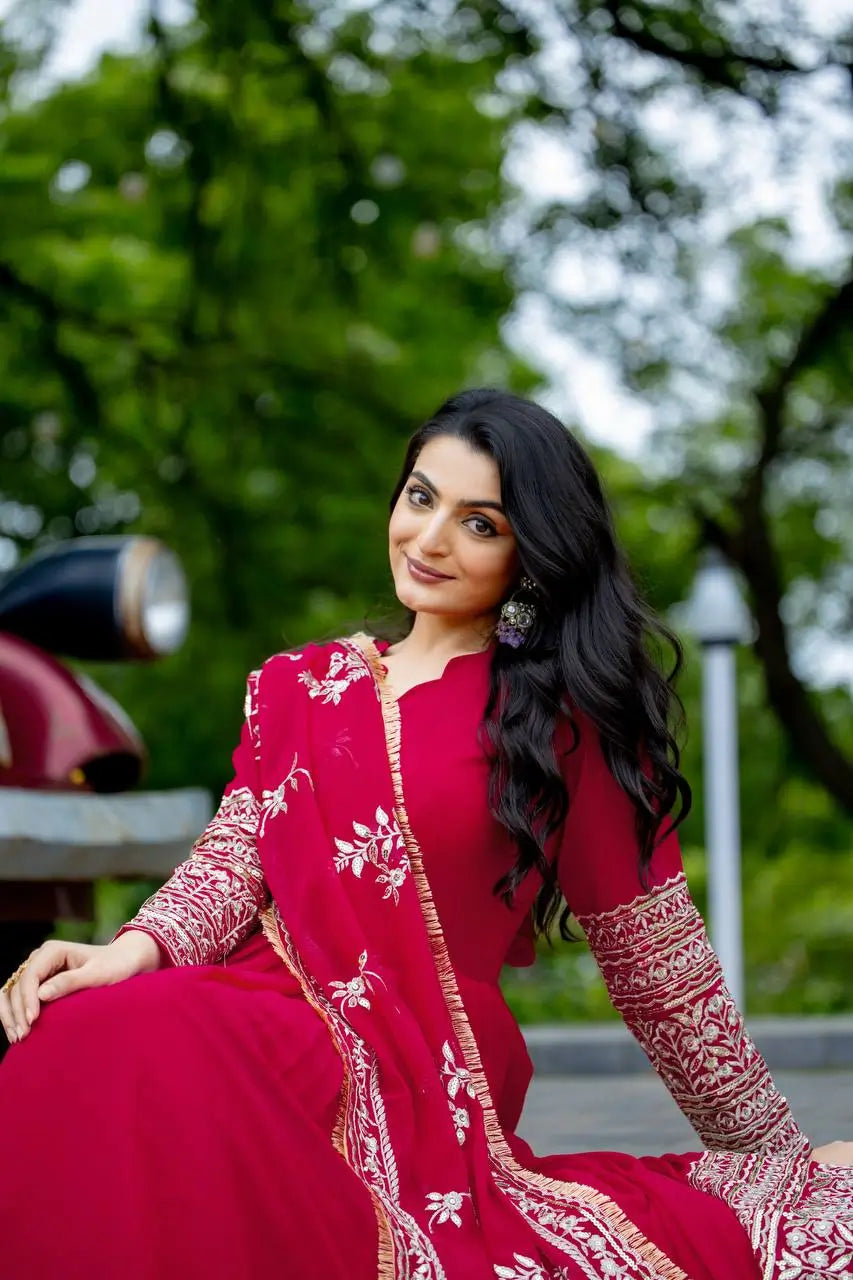 Embroidered Faux Georgette Gown with Dupatta