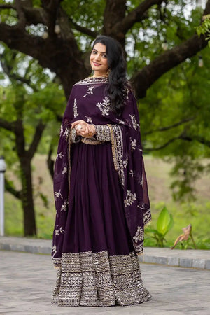 Embroidered Faux Georgette Gown with Dupatta