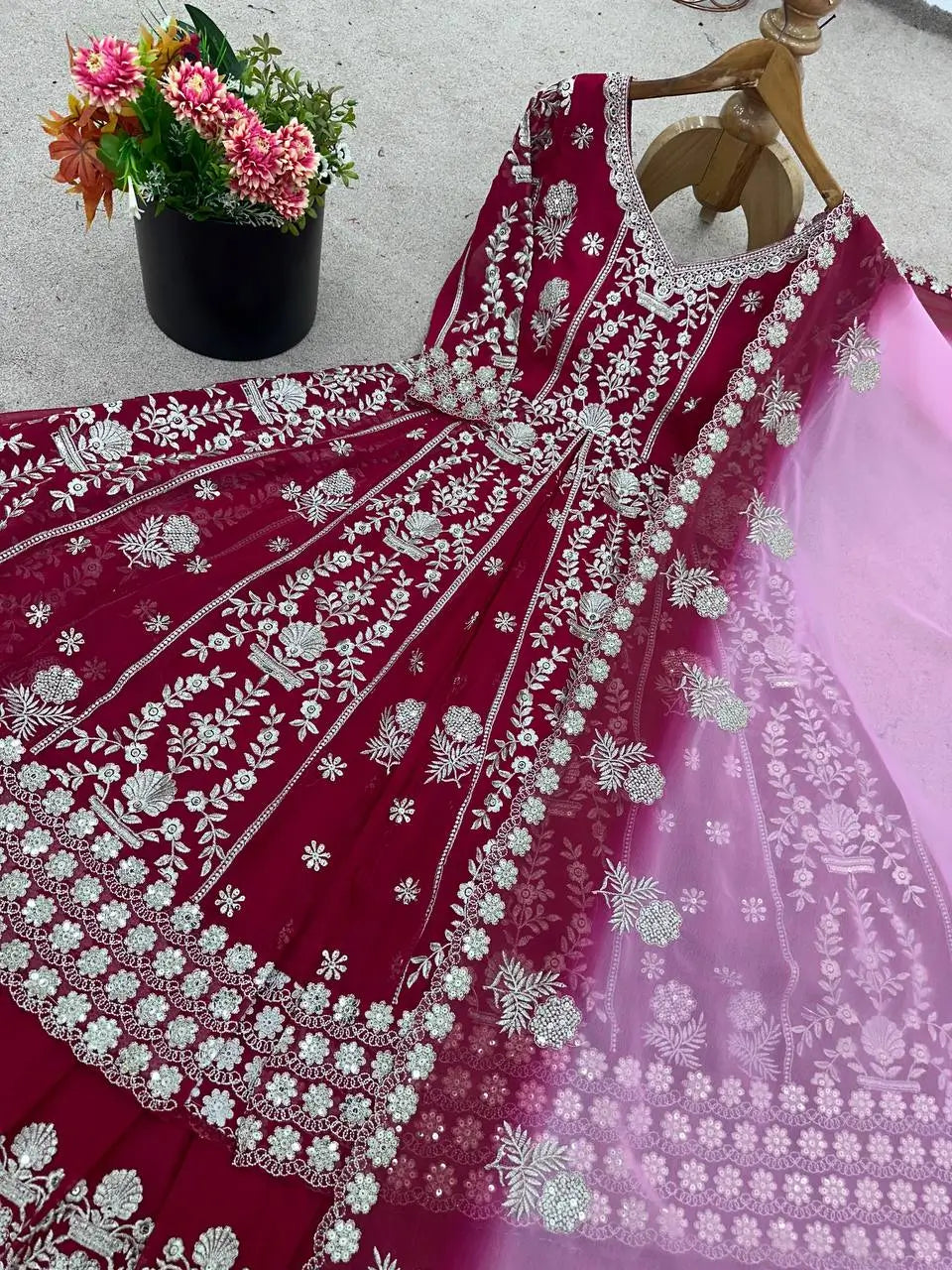 Embroidered Faux Georgette Gown with Lehenga Set