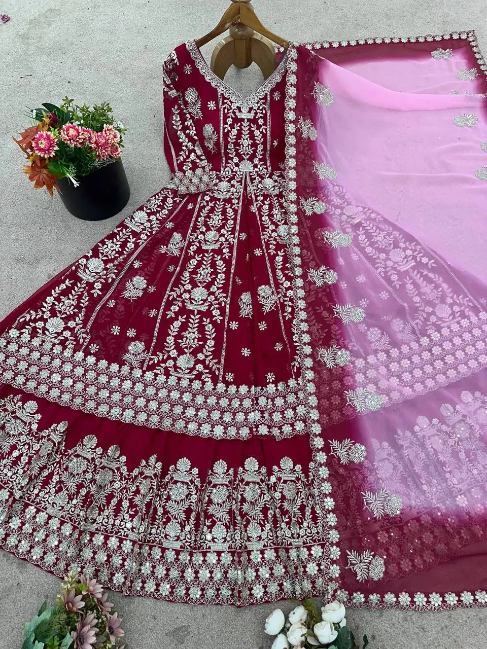 Embroidered Faux Georgette Gown with Lehenga Set