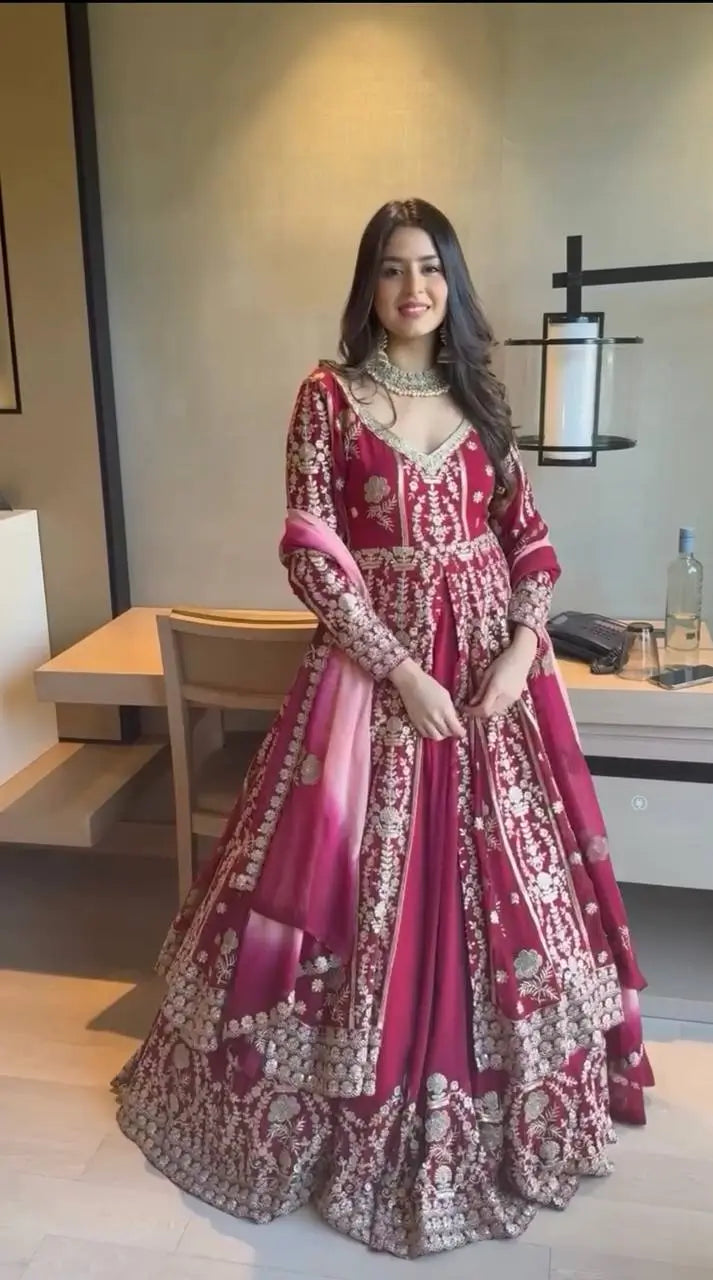 Embroidered Faux Georgette Gown with Lehenga Set