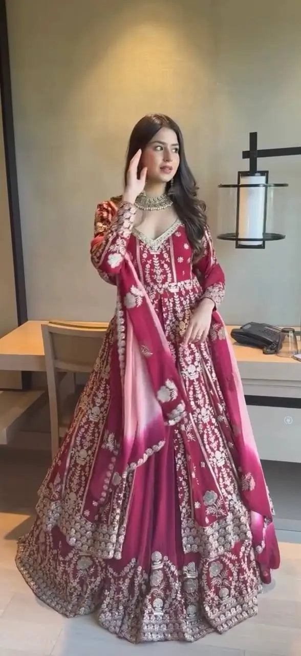 Embroidered Faux Georgette Gown with Lehenga Set