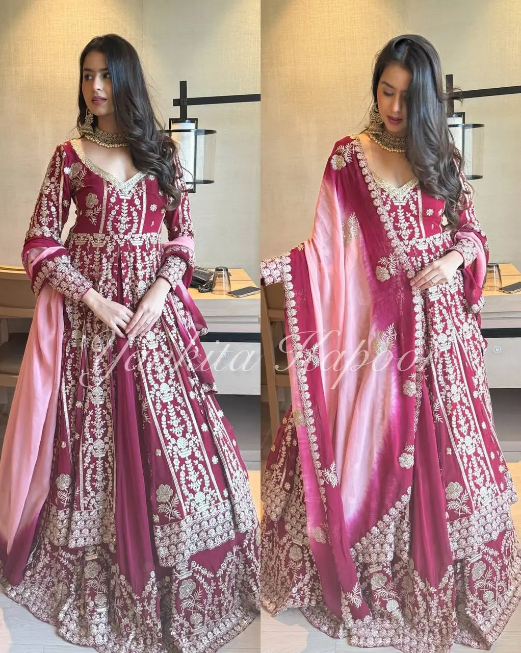 Embroidered Faux Georgette Gown with Lehenga Set