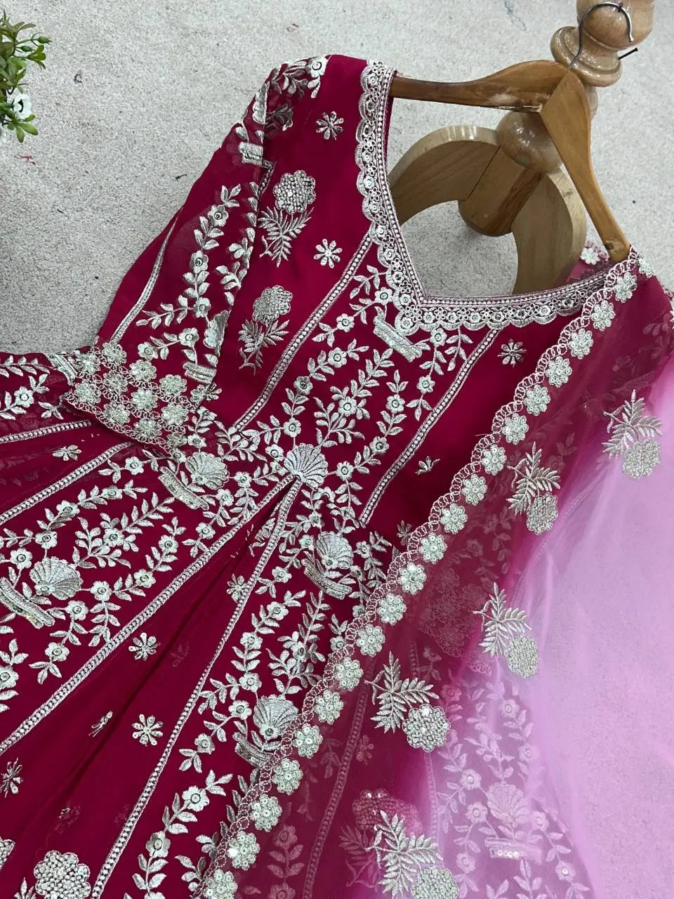 Embroidered Faux Georgette Gown with Lehenga Set