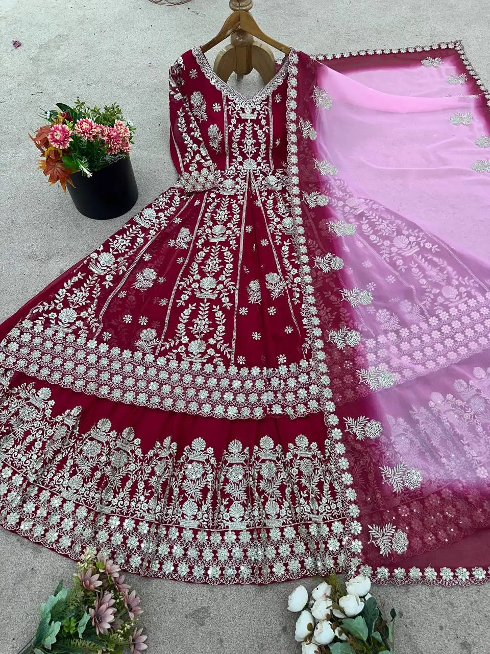 Embroidered Faux Georgette Gown with Lehenga Set