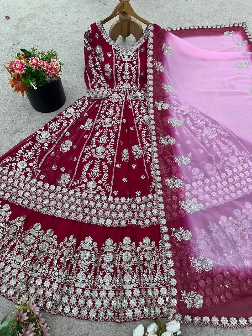 Embroidered Faux Georgette Gown with Lehenga Set
