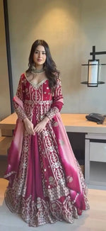 Embroidered Faux Georgette Gown with Lehenga Set