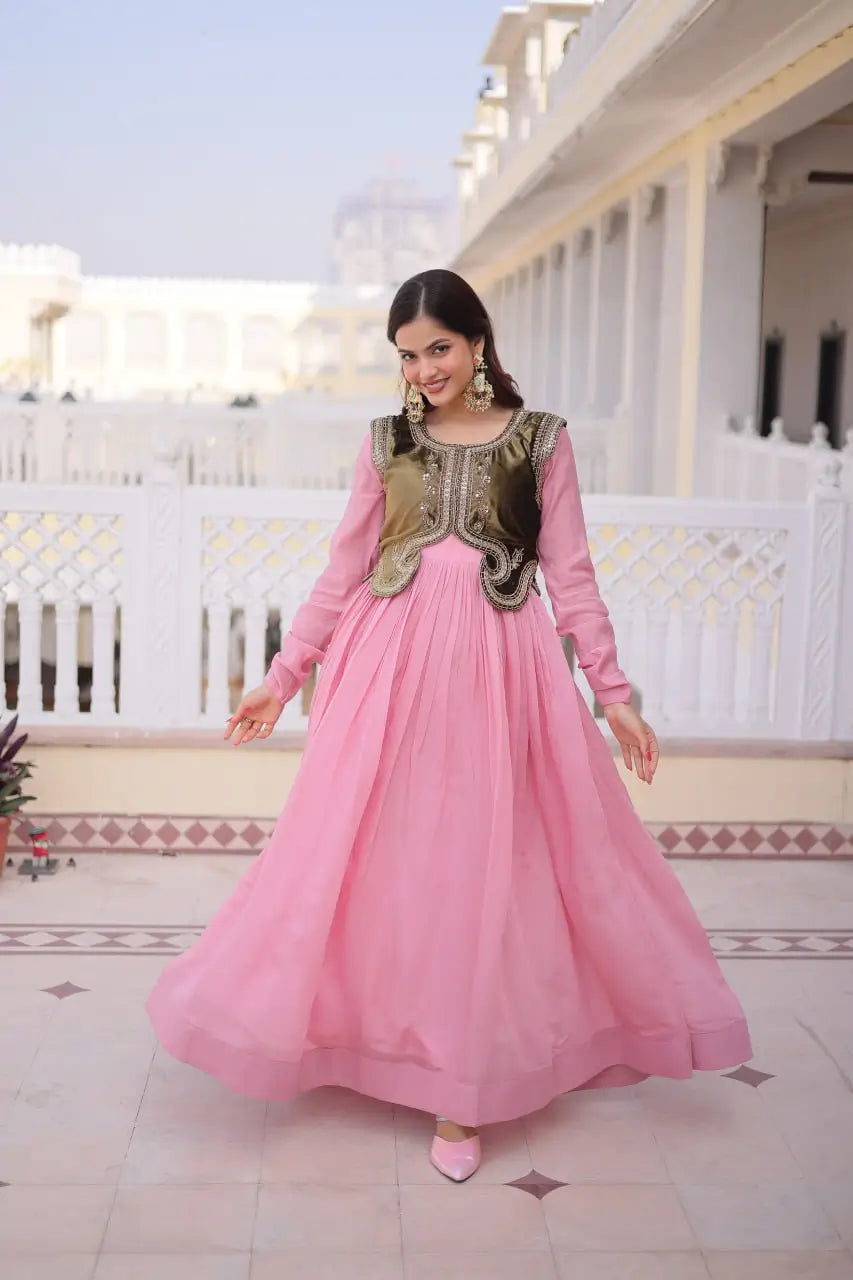 Embroidered Faux Georgette Gown with Velvet Koti Set