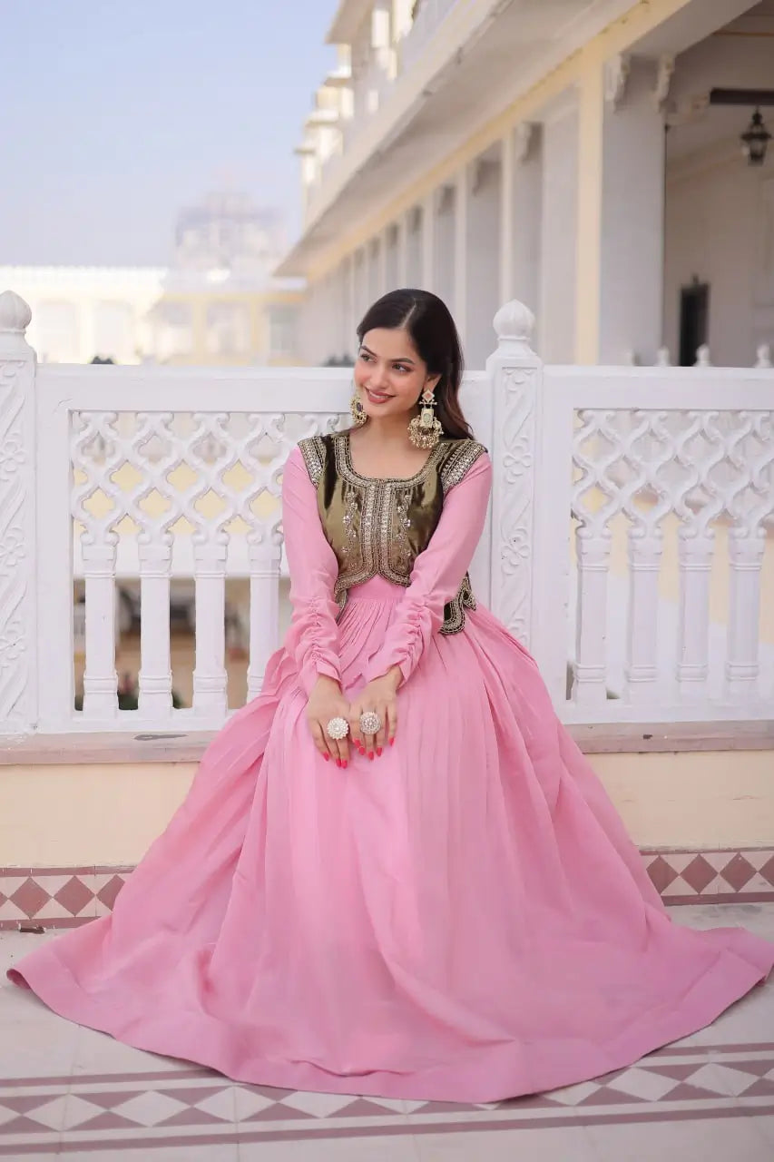 Embroidered Faux Georgette Gown with Velvet Koti Set