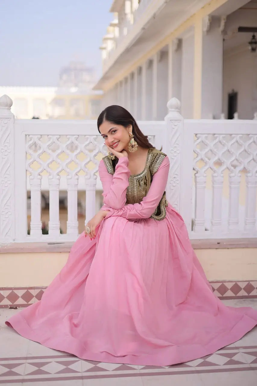 Embroidered Faux Georgette Gown with Velvet Koti Set
