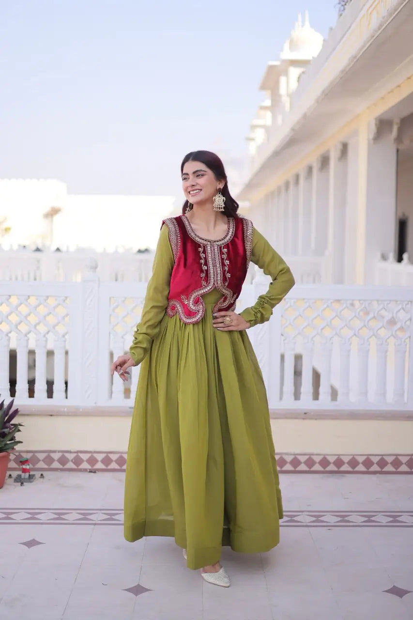 Embroidered Faux Georgette Gown with Velvet Koti Set
