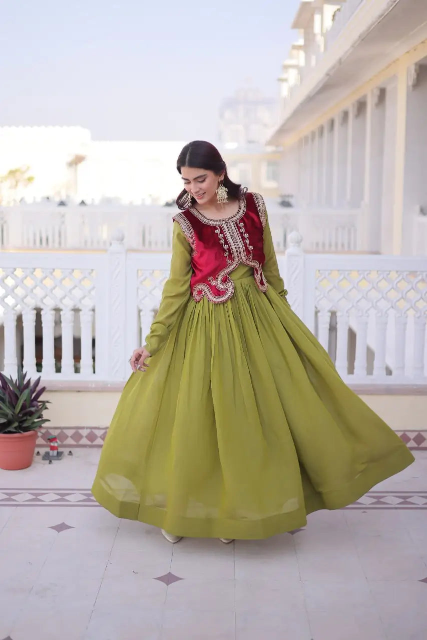 Embroidered Faux Georgette Gown with Velvet Koti Set