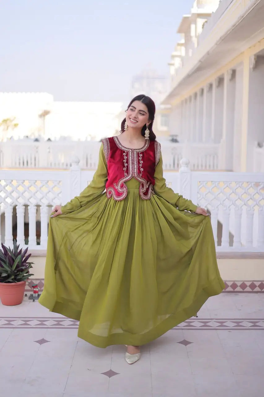 Embroidered Faux Georgette Gown with Velvet Koti Set