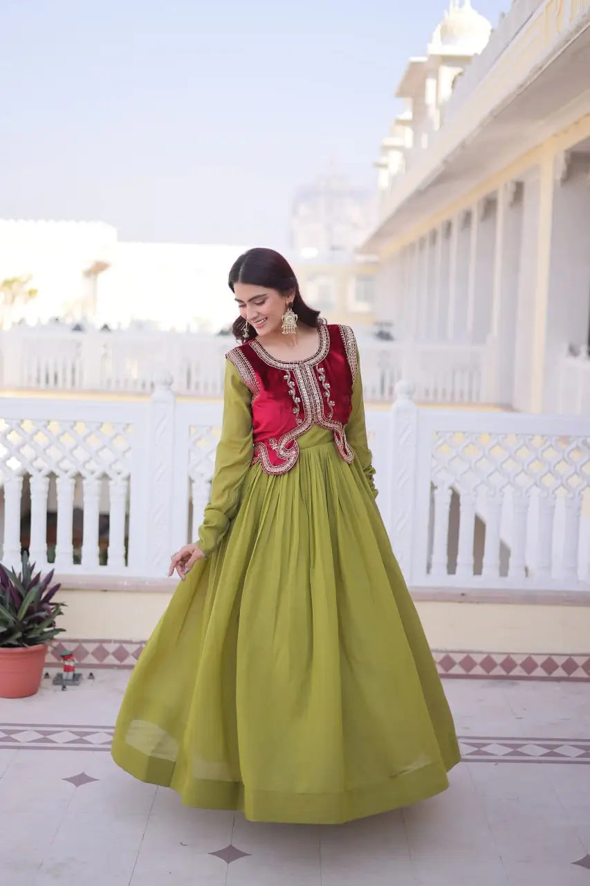 Embroidered Faux Georgette Gown with Velvet Koti Set
